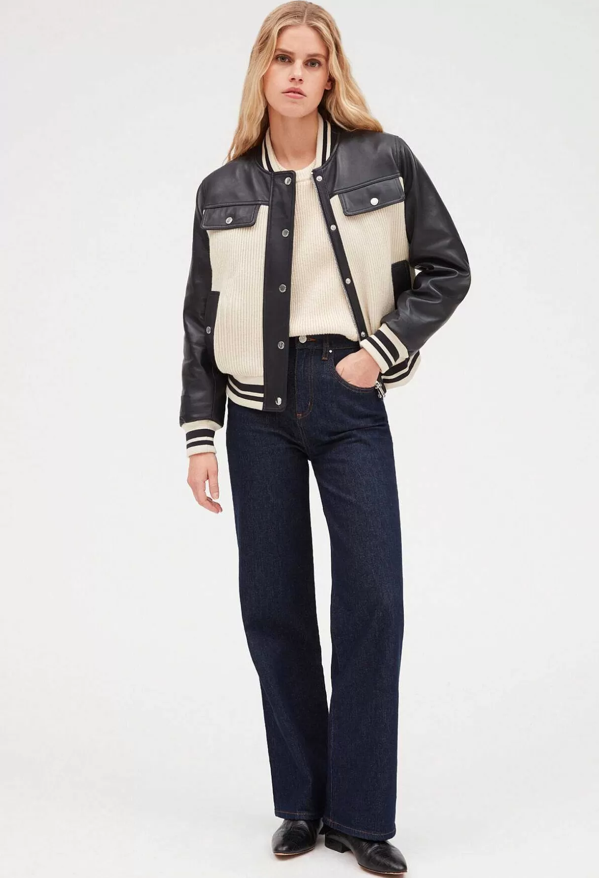 Claudie Pierlot Blouson Cuir Et Maille Bicolore Hot