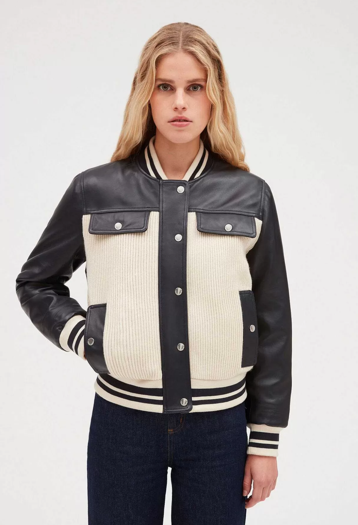 Claudie Pierlot Blouson Cuir Et Maille Bicolore Hot